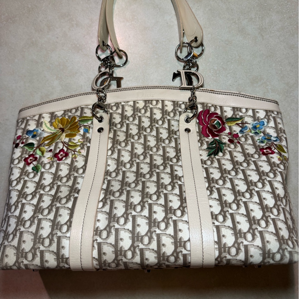 Vtg Authentic Christian Dior Troter Embroidered Diorissimo Canvas Tote Bag - Picture 15 of 16
